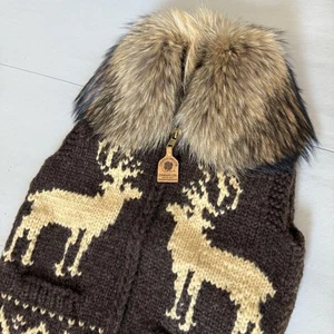 Kanadische Pullover Weste Cowichan mit Fell braun Doppelreißverschluss Top Zustand - Bild 1 von 24