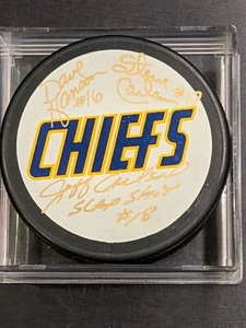 Hanson Brothers Autographed Charlestown Chiefs Hockey Puck Slap Signed - Picture 1 of 2