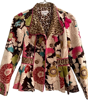 3 Sisters XS Boho Floral Leopard Vegan Suede Lined Double Breasted Jacket RARE! - Image 1 of 4