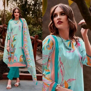 TURQUOSE PRINTED COTTON INDIAN PAKISTANI READYMADE SALWAR KAMEEZ SUIT LADIES DEN - Picture 1 of 3