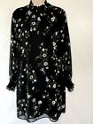 H&M High Neck Ruffled Black Floral Tunic Dress Size 12