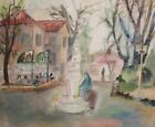1987 Post Impressionist watercolor painting cityscape fountain signed
