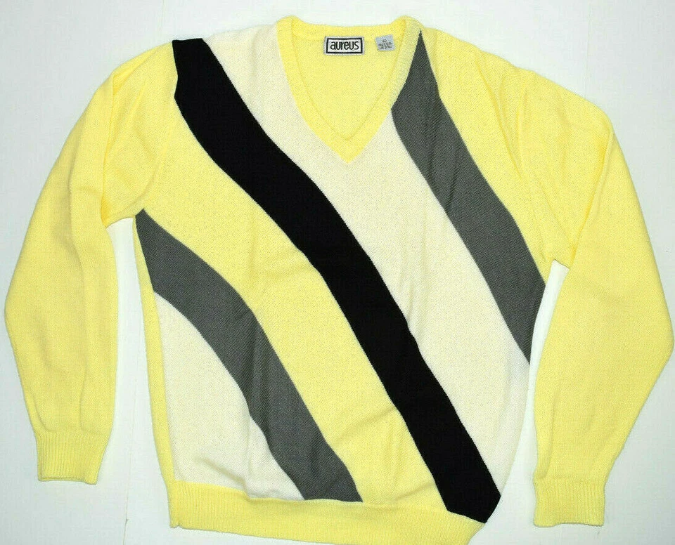 Suéter Vintage Aureus L/XL Años 80 Diagonal Bloque Rayas Cuello en V Amarillo Negro Gris Foto 1 de 4