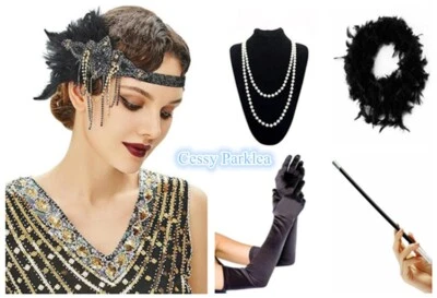 Juego de accesorios de disfraz Flapper Charleston años 20 guantes diadema Gatsby Foto 1 de 4