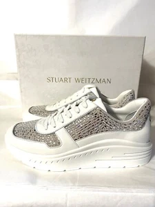 Stuart Weitzman*RARAS*CHRISTA Zapatillas de Diseñador Cristal Swarovski Cuero Blanco 9M - Imagen 1 de 17