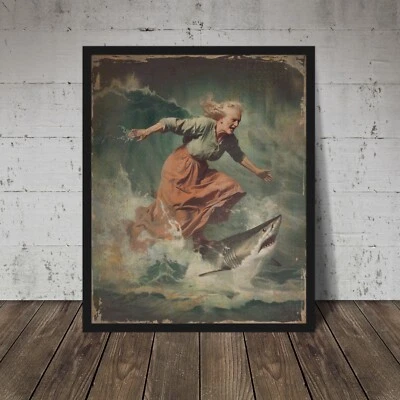 Vintage SURFING SHARK Wall Art, Surf Girl Poster, Ocean Surfboard Nautical Decor - Image 1 of 4