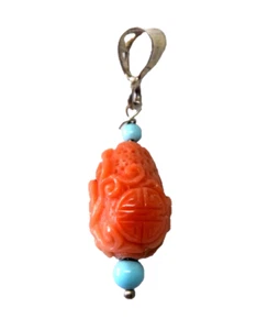 Vintage Chinese Natural Untreated Coral, Turquoise & Sterling Silver Pendant - Picture 1 of 4