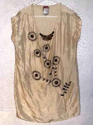 Vestido Yoana Baraschi Floral Bordado 100% Seda Manga Corta Dorado Talla M Foto 1 de 4