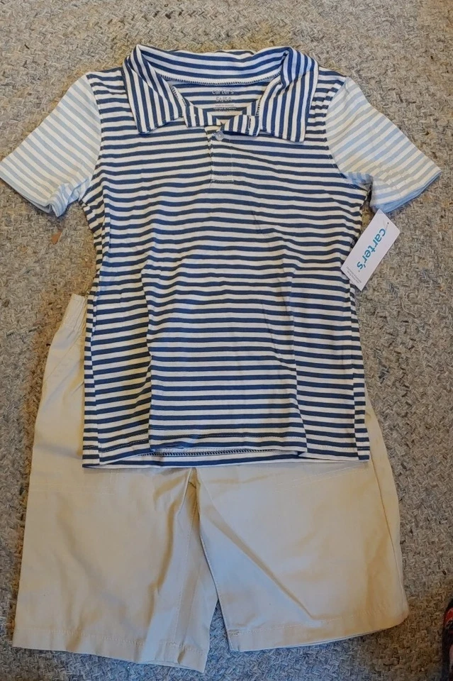 Carter's Boy Two-piece Shorts & Shirt Set. Blue stripe/ Khaki. NWT. Sz 5T. B40 - Image 1 of 4