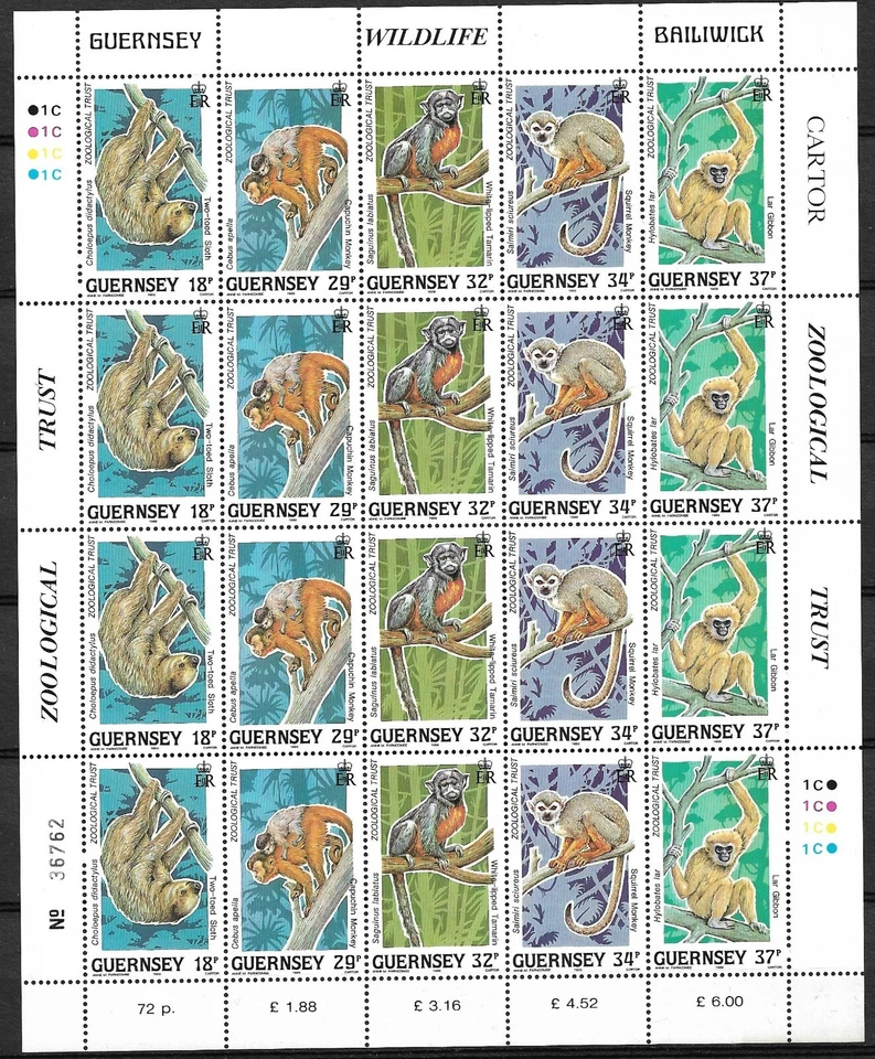 Mini hoja de monos de fauna Guernsey 1989 Yvert #467/71 MNH-VF Foto 1 de 1