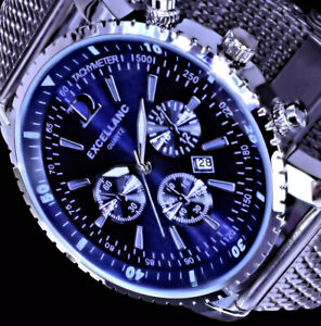 Excellanc Herren Mesh Armband Männer Quarz Uhr Blau Datum Edelstahl SI-BL4