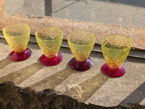 Antique Pukesburg Vaseline Red Stem Turkey Tracks/Royal Fan 4  Shots or Cordials - Picture 1 of 22