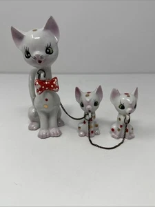 Vintage Chained Mama Cat w/ Kittens. Made In Japan Polka Dot Pink - Picture 1 of 7