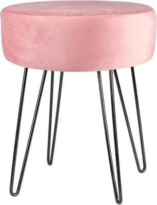 Pink Velvet Round Footstool with Black Metal Legs – Modern Dressing Table Seat - Image 1 of 4