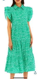 Crown & Ivy Green & White Cotton Tier Ruffle Maxi Dress Button Dress Size Large - Foto 1 di 9