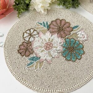 Set of 6, Handmade beaded Placemat, spring floral design, multicolour