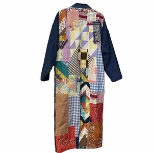 Upcycled Artsy Denim Duster Jacket M/L Patchwork Boho Festival Art To Wear Gypsy - Picture 1 of 21