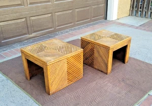1970's MCM Bohemian Chevron Split-Bamboo Style Wood Coffee Cocktail Side Tables - Picture 1 of 23