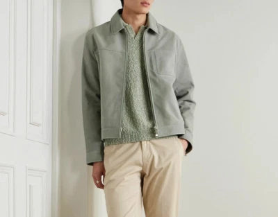 Mens Gray Pure Suede Leather Jacket Slim Fit Trucker Jacket Custom Size S M L XL - Image 1 of 3