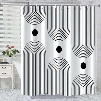 White and Black Shower Curtain, Boho Minimalist Mid Century Modern Arch Geometri - Image 1 of 4
