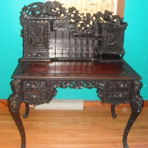 ANTIQUE CHINESE Ornate Hand Carved Secretary/Desk Late 19th Century Cover