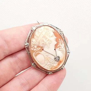 Old Vintage 14k Gold Cameo Pendant Brooch Diamond Necklace Heart Solid 14kt 585 - Picture 1 of 7