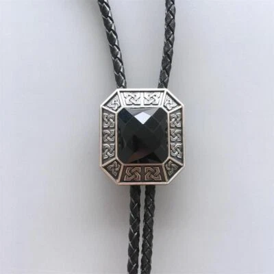 Silver Plated Black Agate Stone Octagon Celtic Western Leather Bolo Tie - Image 1 of 2
