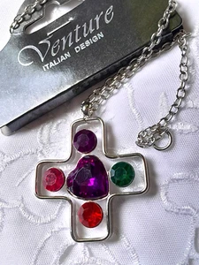 Halskette silber großes Kreuz bunte Steine - Bild 1 von 3
