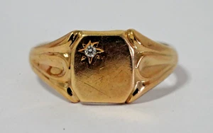 9ct Yellow Gold Flat Signet Ring with Small Diamond - Size R 1/2 EXPRESS POST - Picture 1 of 7