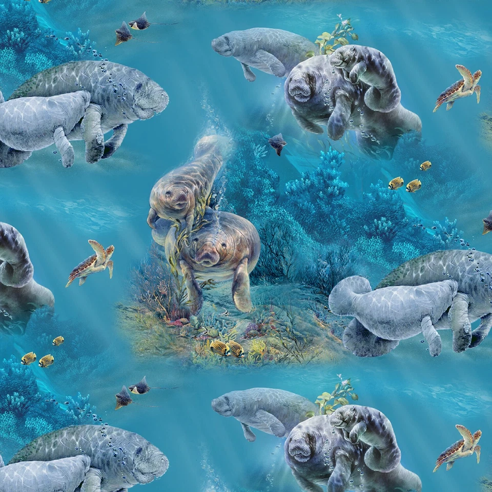 Gentle Giants Aquatic Manatees Blue 100% Cotton Fabric by The Yard - Image 1 of 1
