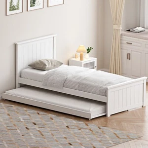 Oikiture Trundle Bed Frame Single Size Beds Base Wooden Daybed White - Picture 1 of 8
