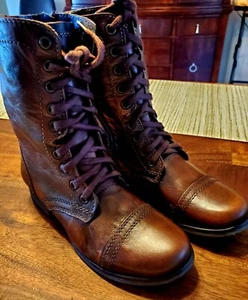 STEVE MADDEN WOMEN'S TROOPA LACE - UP SIDE ZIPPER BROWN LEATHER BOOTS Size 6.5M - Picture 1 of 12