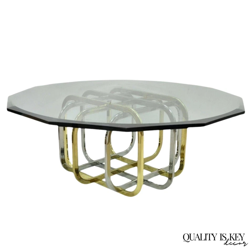 Mid Century Modern Pierre Cardin Style Brass & Chrome Glass Top Coffee Table - Image 1 of 4