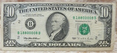 1995 $10.00  BEP ISSUED NEW YORK (B) CIRCULATED INTERESTING NUMBER  B18800008B - Image 1 of 4