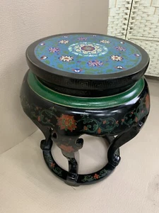 CHINESISCHER CLOISONNE INLAY TISCHSTÄNDER HOCKER SCHWARZ LACKIERT LACKIERT HOLZ - Bild 1 von 13