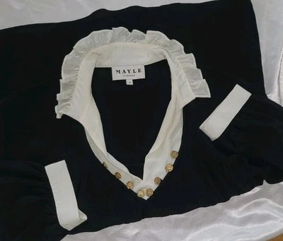 Mayle~Blusa de seda pura con botones con volantes y mangas con puños y volantes con logotipo dorado~Talla 4 para mujer Foto 1 de 4