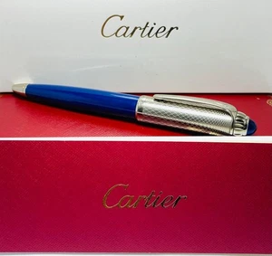 Luxurious Cartier Santos De R Silver Clip & Blue Body {Blue Ink} Ball Pen - Picture 1 of 8
