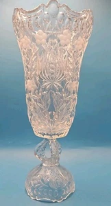 Large 11" Very Heavy Cut Clear Glass Vase etched flowers on pedestal - Picture 1 of 4