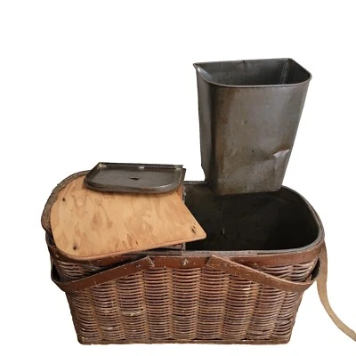 Antique Hawkeye Style Wooden Picnic Refrigerator Basket  with Tin Inserts - Photo 1/4