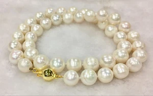 Natural 10-11MM Real Freshwater white pearl necklace18inch 14K gold plated clasp - Picture 1 of 4