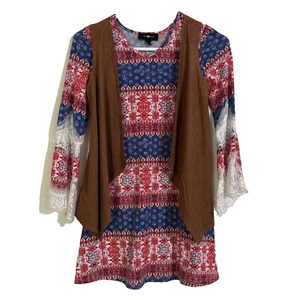 Amy Byer Dress Brown Vest Lace Red Blue Paisley 3/4 Sleeve Western 2 Piece 10 - Picture 1 of 12