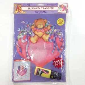 Iron On Transfer 57632 Bear Perched on Heart 1994 Vintage Pink Purple Fabric - Picture 1 of 8