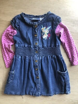 Disney Fairies Tinker Bell Blue Denim/Pink Cheetah Girl's Smocked Dress Size 6 - Image 1 of 4