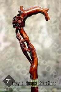 Hand Carved Lizard & Flower Wooden Walking Cane Handmade Animal Walking Stick - Picture 1 of 5