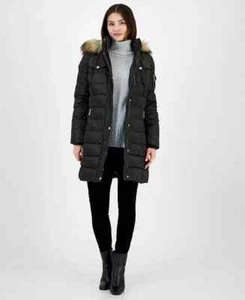 Michael Michael Kors V8704 Black Faux-Fur Hooded Puffer Coat Womens Size PXXL - Picture 1 of 4