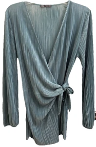 ZARA Women’s Small Pleated Wrap Side Tie Tunic Teal With Long Sleeves & Slit Hem - Picture 1 of 14