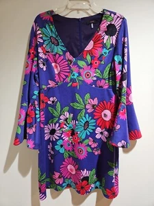 TRINA TURK MOD 60'sGROOVY GO GO Purple Floral Tenderness Bell Sleeve Dress 12 - Picture 1 of 4