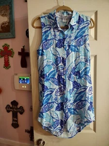 Sigrid Olsen Small Tank Dress Linen Sundress Blue Tropical Sleeveless Floral - Picture 1 of 9