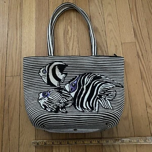 Eric Javits Black White Stripe Squishee Bag Fish Decals Tote  - Picture 1 of 6