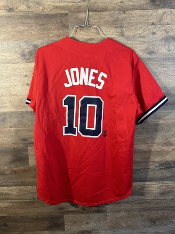 Vintage Atlanta Braves Jersey #10 Chipper Jones MLB Baseball Majestic Red Large Cover